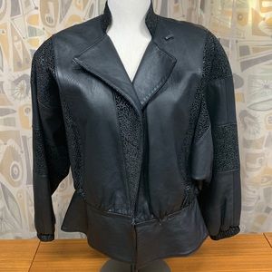 RUE ROYALE Black Leather and Metallic Suede Vintage Bomber Jacket 80’s
